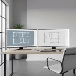 Two computer monitors showing a side by side comparison of different floor plan design styles