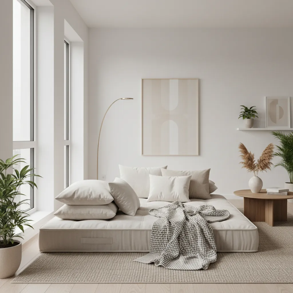 Cozy living room with mattress floor seating and layered cushions