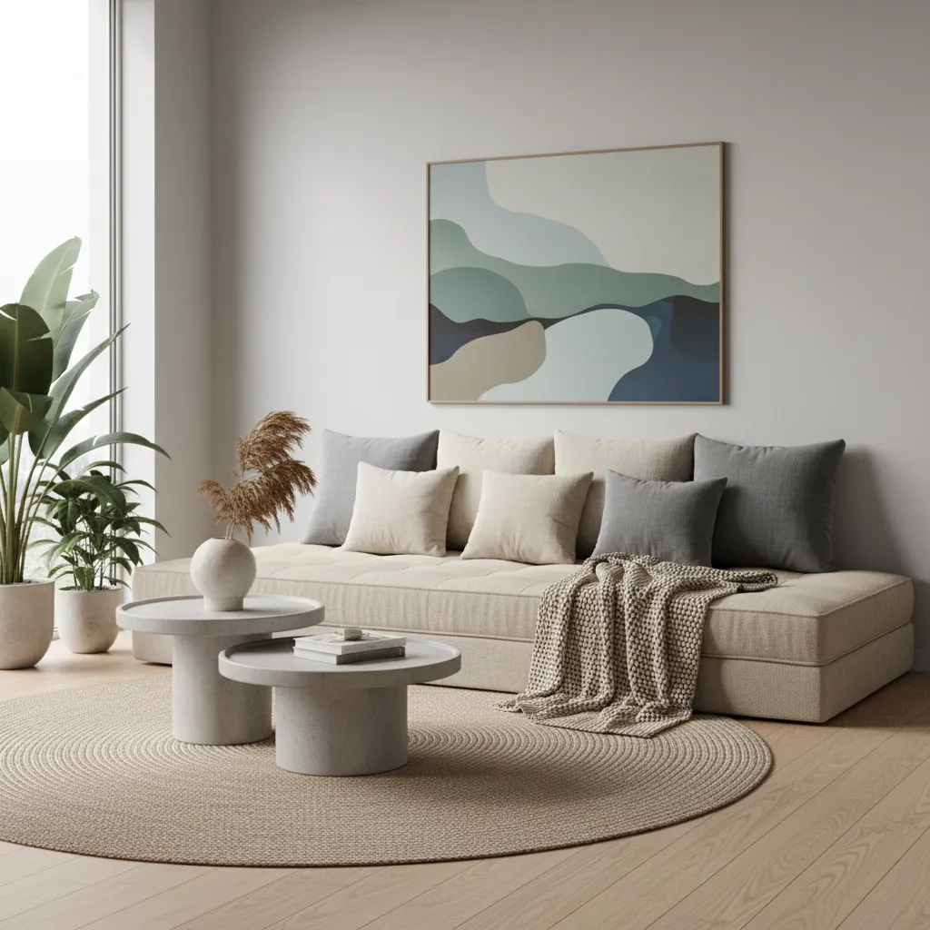 Mattress styled like a sofa with large cushions against a wall