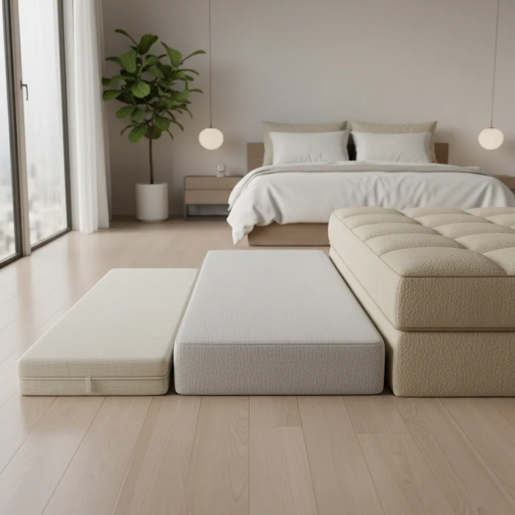 different mattress thickness levels displayed on floor