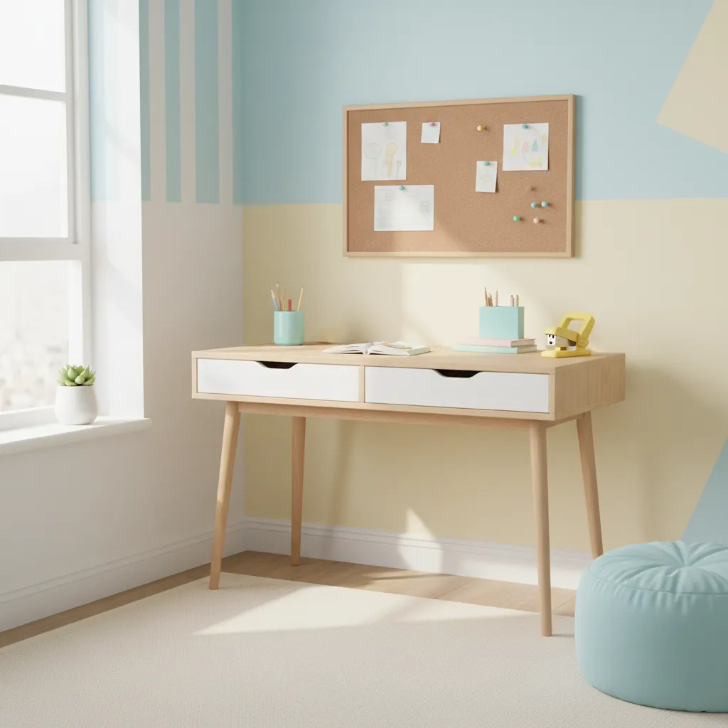 Góc học tập trẻ em với màu sắc pastel nhẹ giúp tập trung