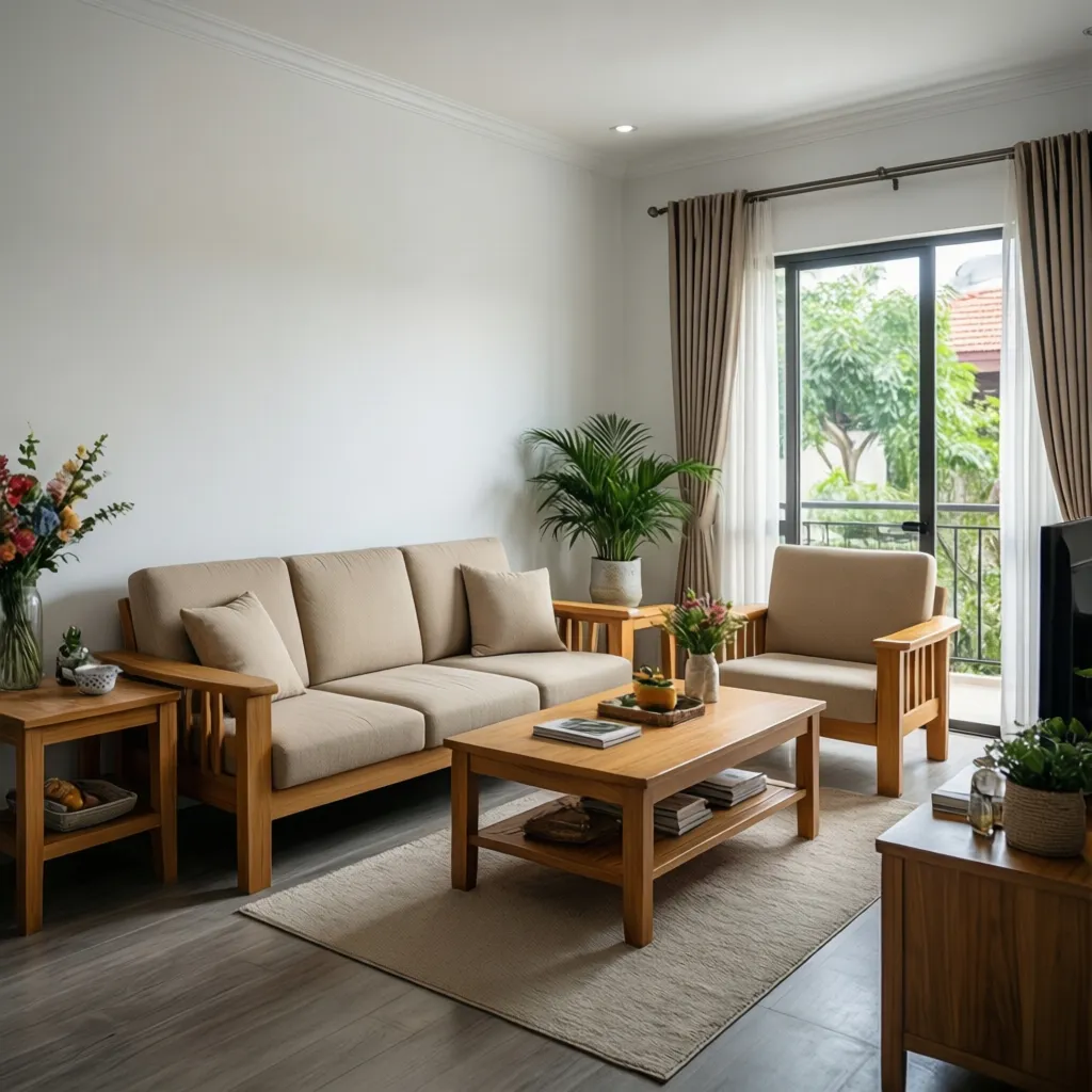 Phòng khách nhà cấp 4 tông màu sáng với tường trắng và nội thất gỗ