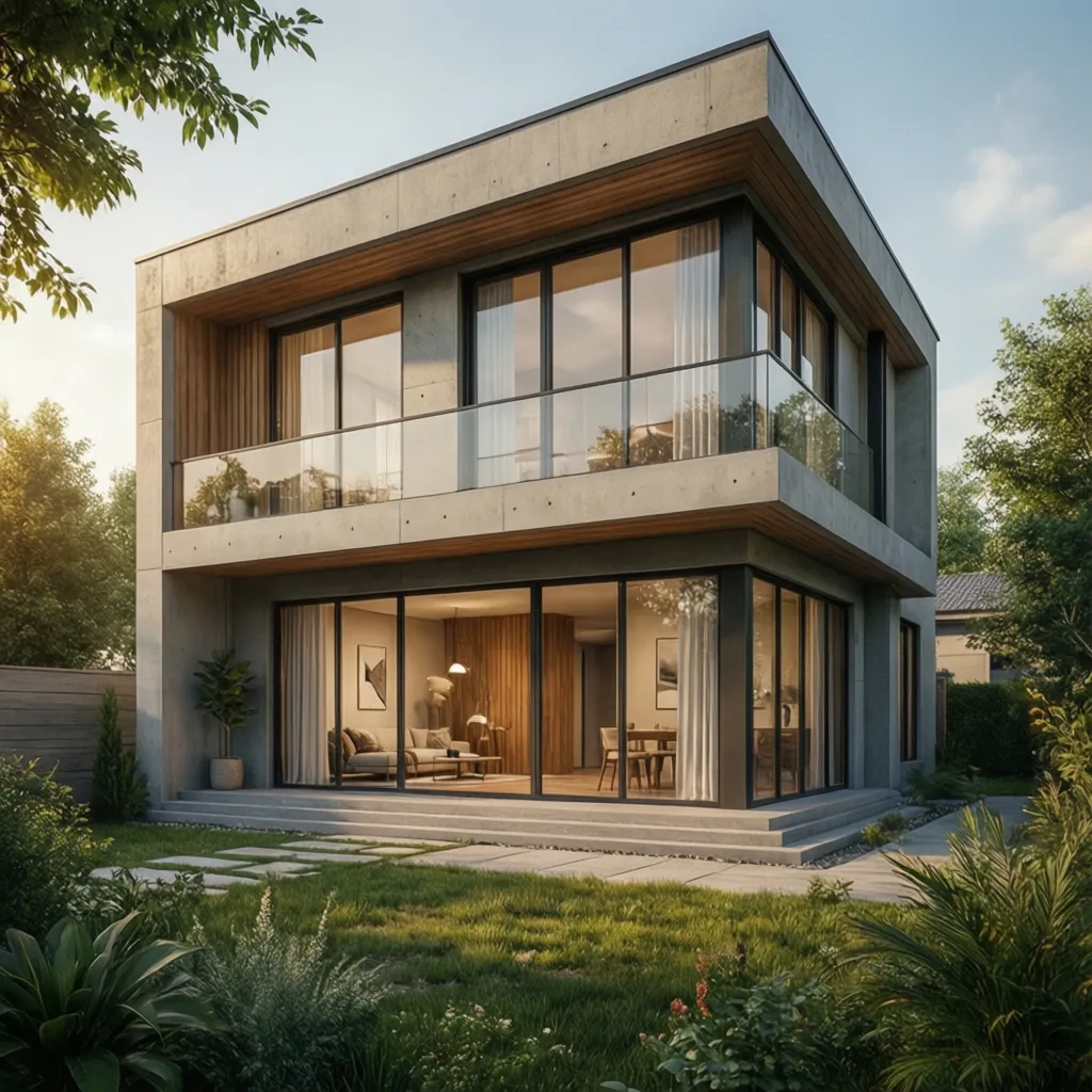 Modern grey two story house with large windows glass balcony garden and interior living room furniture