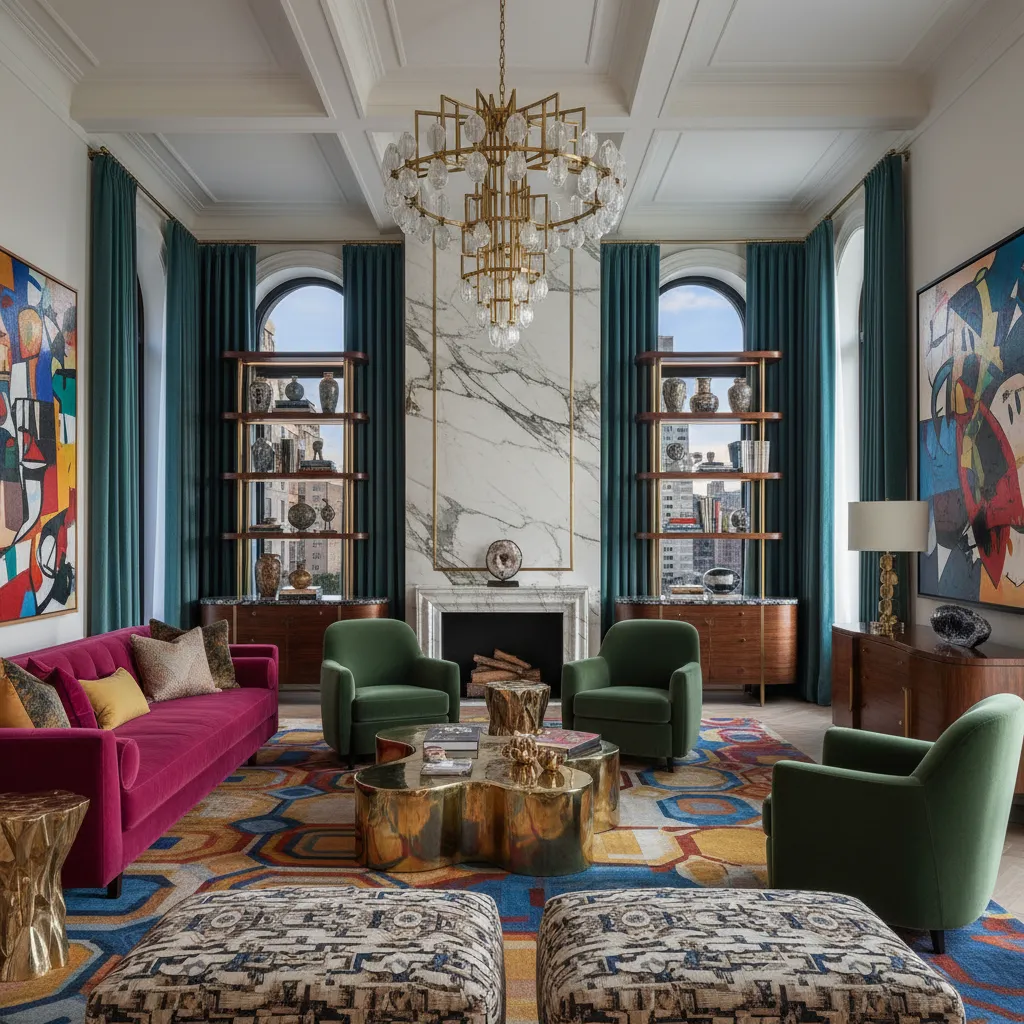 Interior maximalista elegante con materiales contrastados