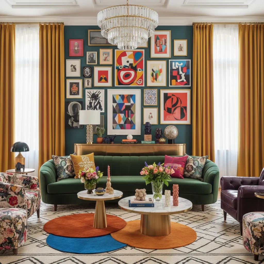 Salón con estilo maximalista moderno lleno de arte y color