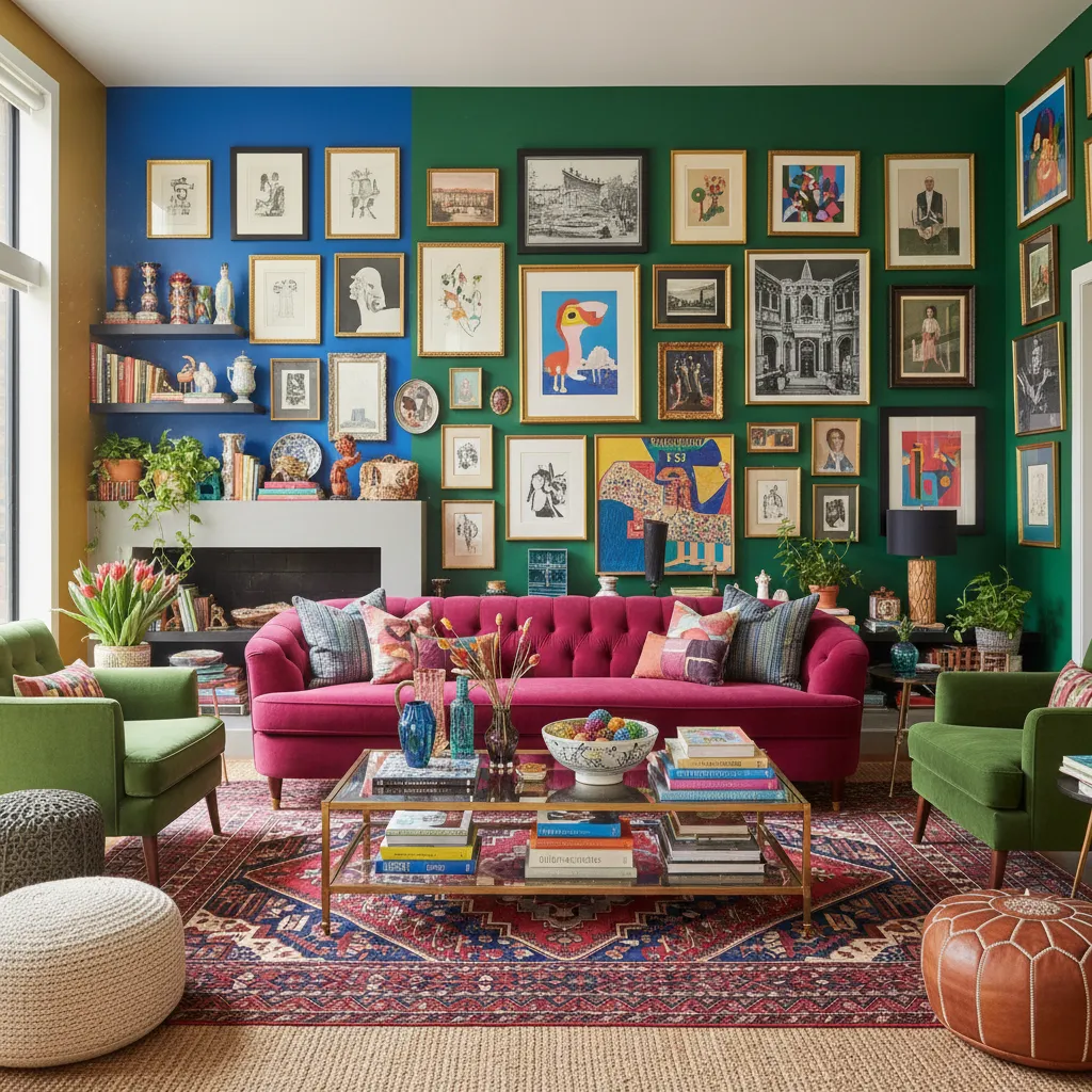 salón con estilo maximalista moderno lleno de color y arte