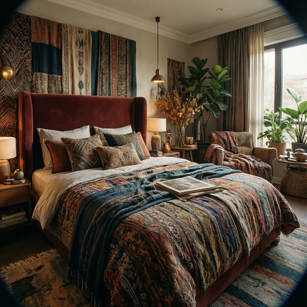 Dormitorio maximalista con múltiples textiles y colores intensos