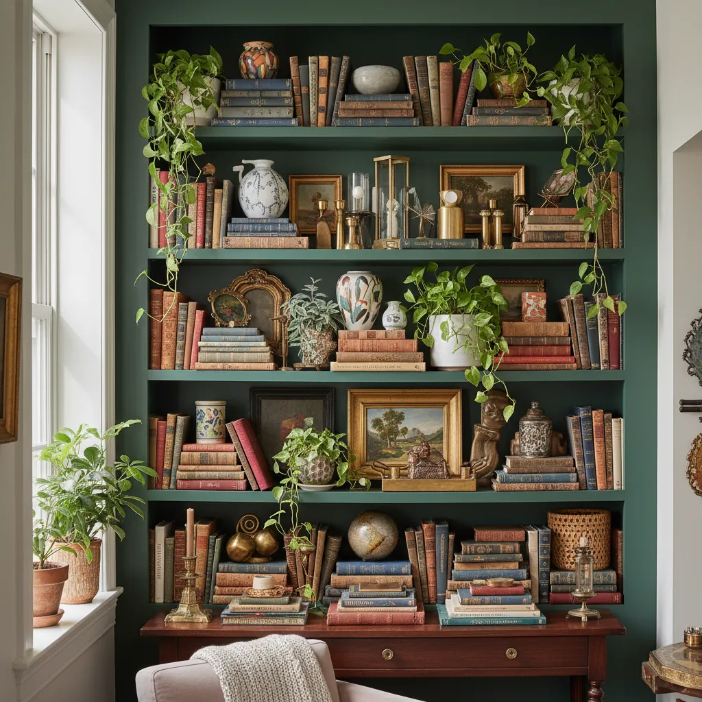 Estantería decorativa con objetos y arte en interior maximalista