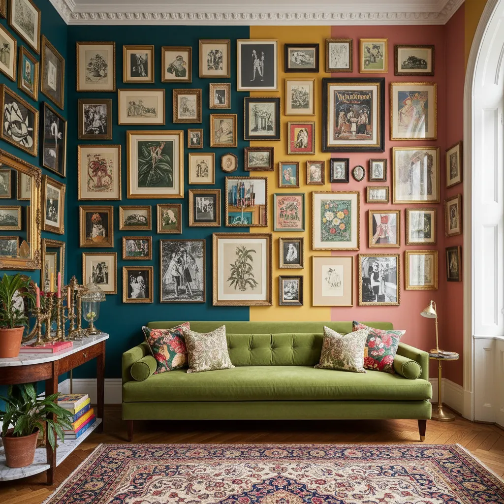 Pared decorada con galería de arte en interior maximalista