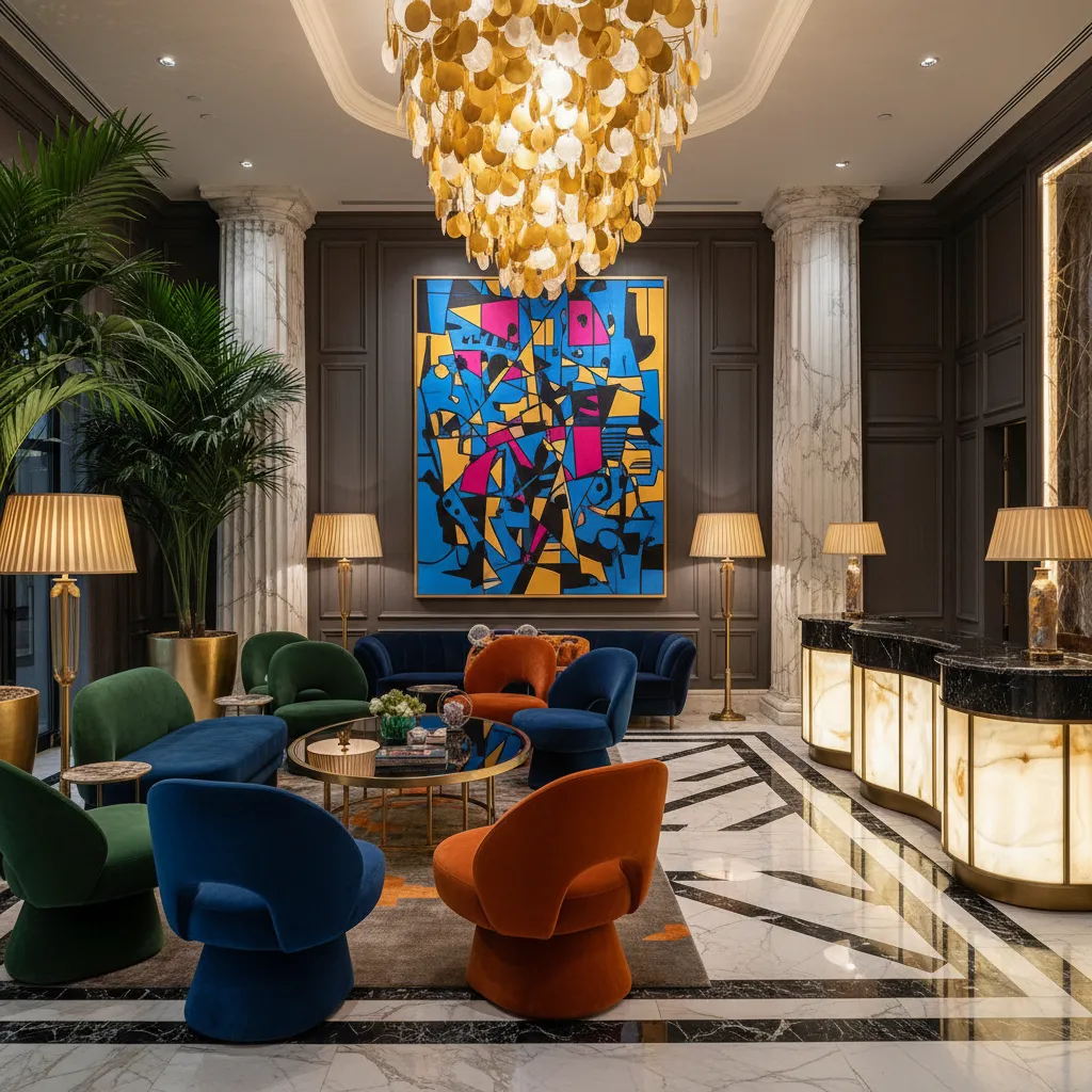 Lobby de hotel con diseño maximalista y arte contemporáneo