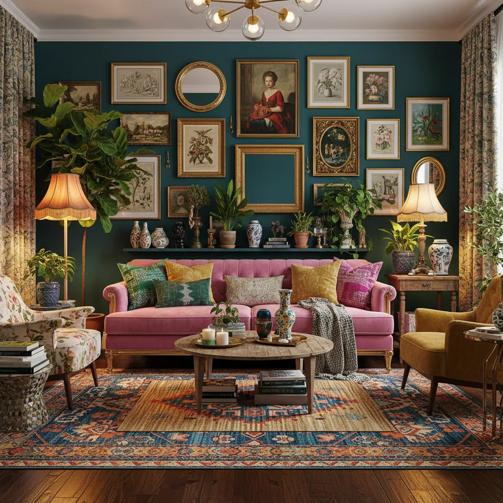Eclectic maximalist living room with teal walls pink sofa patterned decor