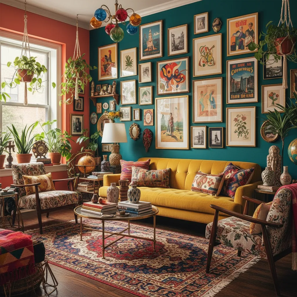 Apartamento pequeño decorado con estilo maximalista equilibrado