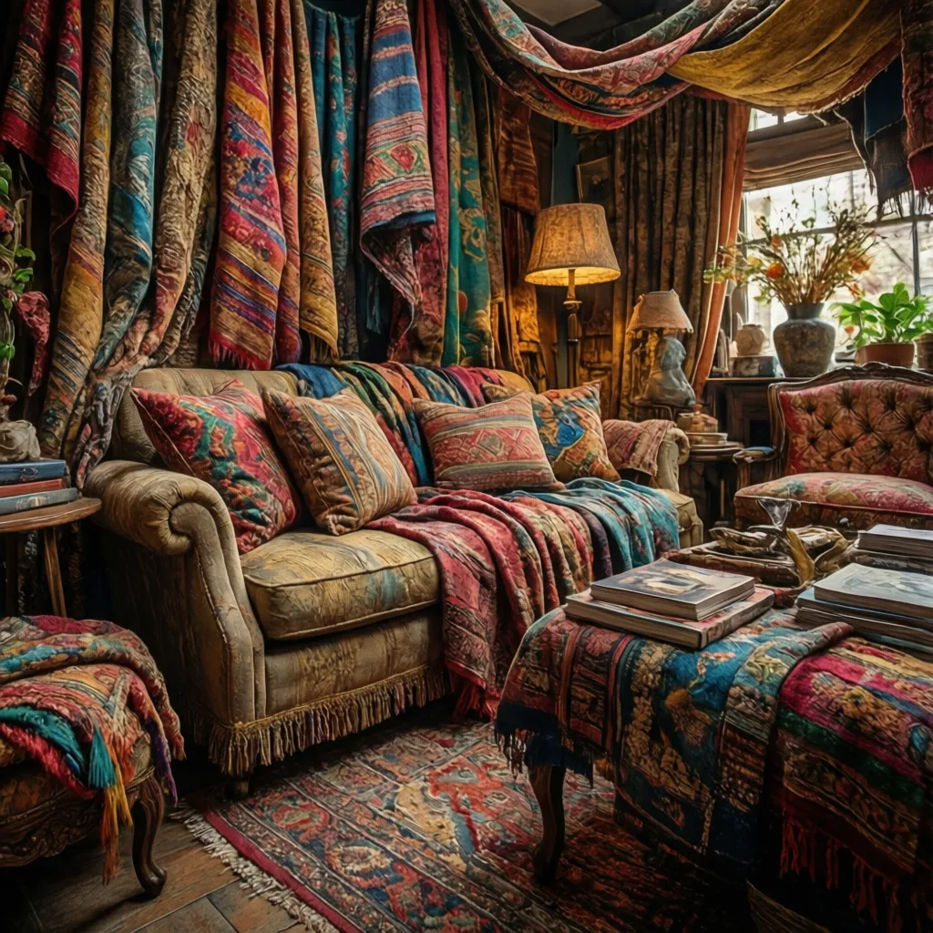 Detalle de textiles coloridos y patrones combinados en interior ecléctico