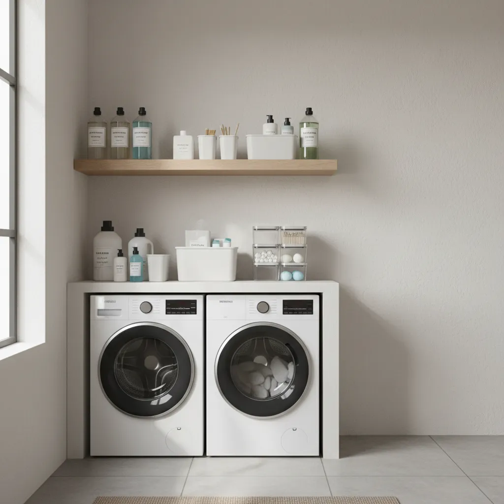 White laundry room with two washing machines under counter and wooden wall shelf with bottles