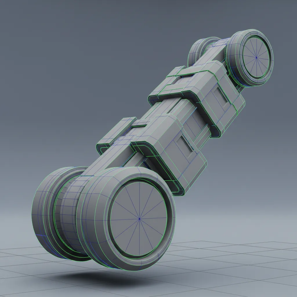 Hard surface object being modeled in Maya showing edge loops and bevel details