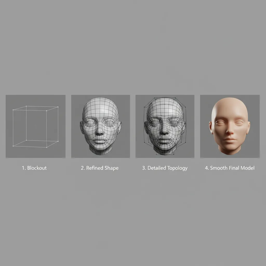 Progression of a 3D model from primitive blockout to refined topology in Maya