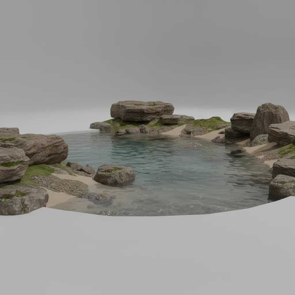 3D environment scene showing water surface simulation and terrain modeling typical of Maya workflow