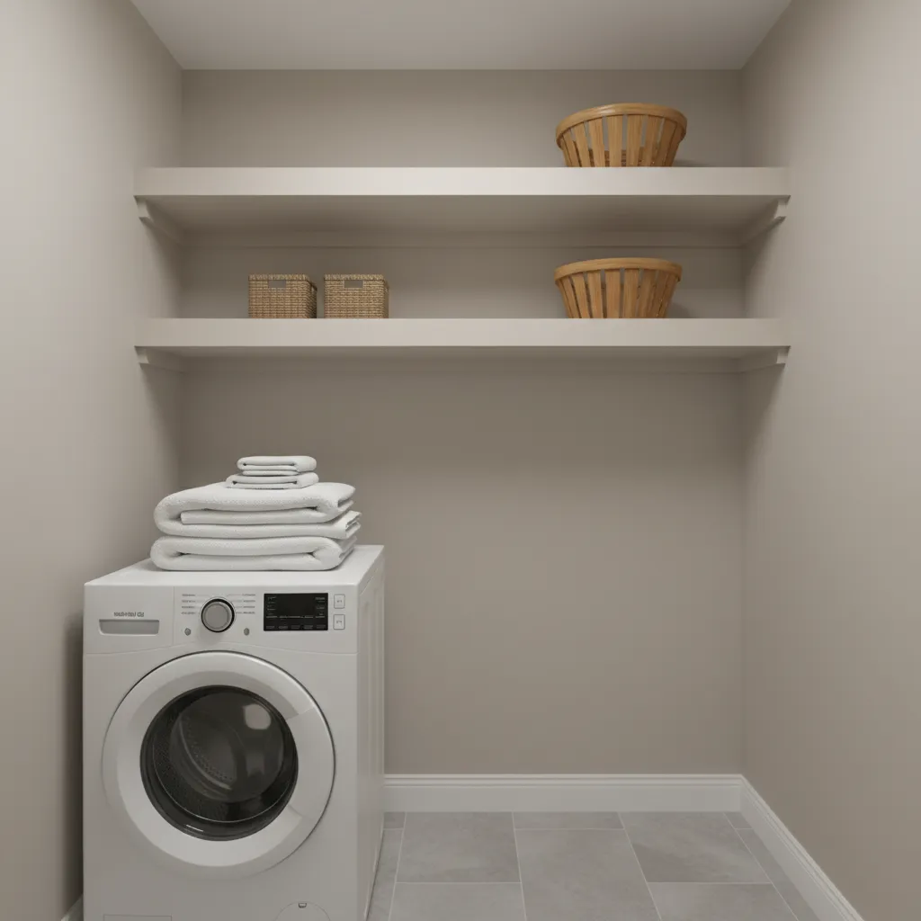Painted MDF corner shelf in a small laundry room