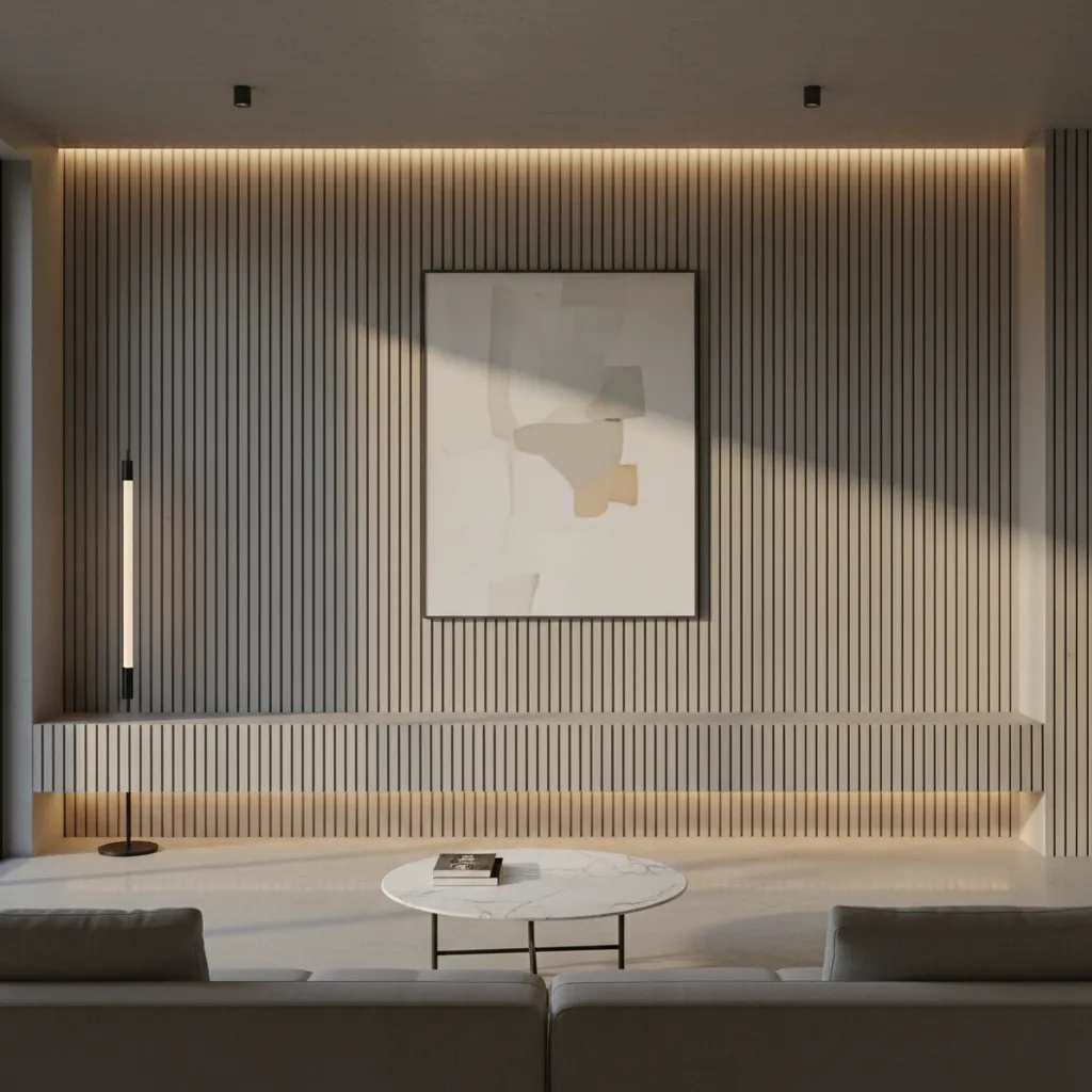 Close view of MDF slat wall panel texture in a modern interior