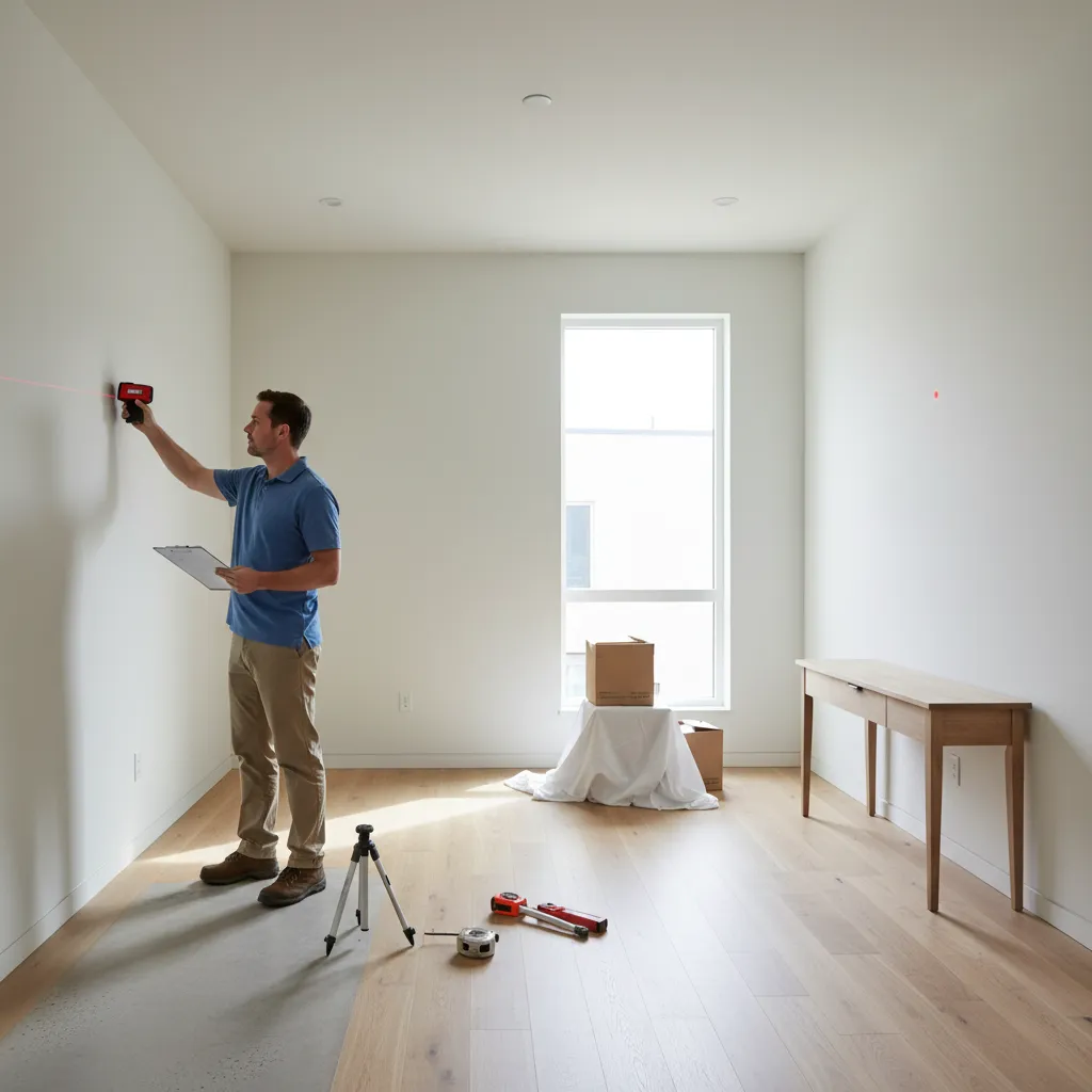 Surveyor using laser measuring device inside a residential property during a measured building survey