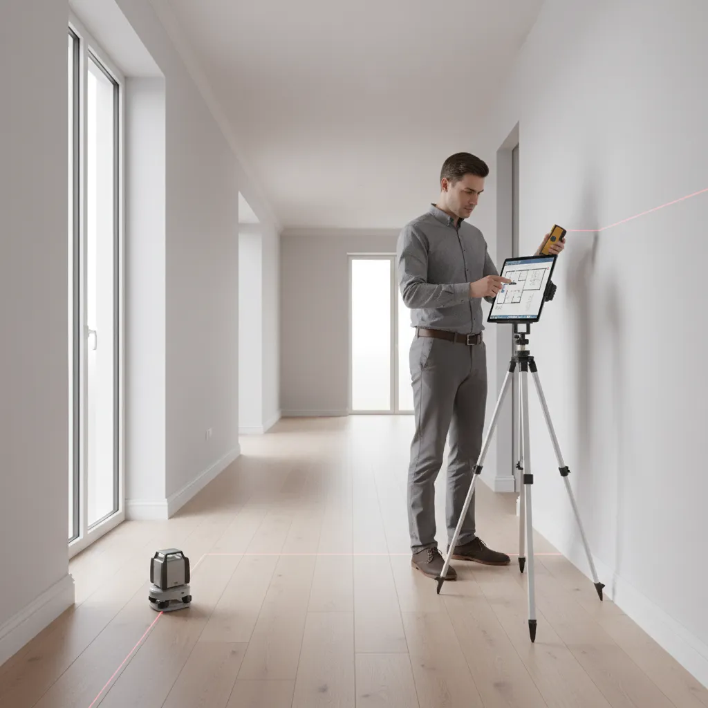 Surveyor using laser measuring device to create accurate house layout