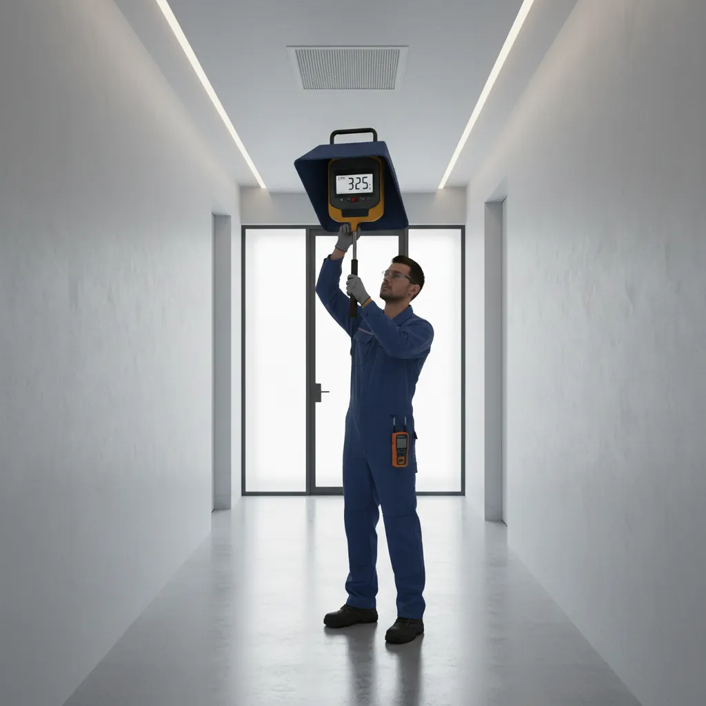 Technician measuring airflow at a ceiling vent using an airflow hood