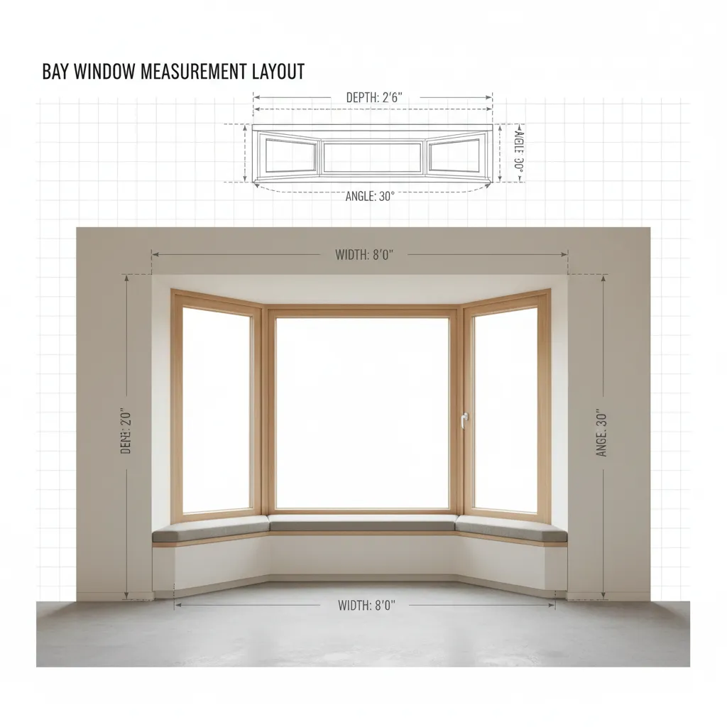 diagram style visualization showing measurements of bay window depth width and angles for desk planning