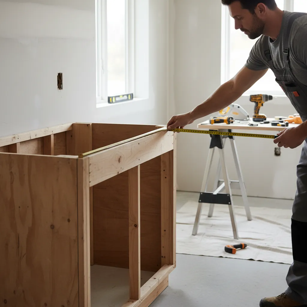 contractor measuring kitchen cabinet doors for replacement installation