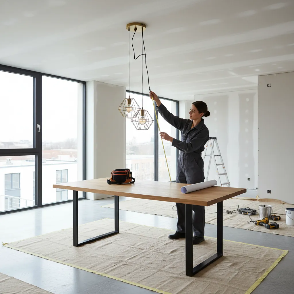 designer measuring chandelier height above dining table before installation
