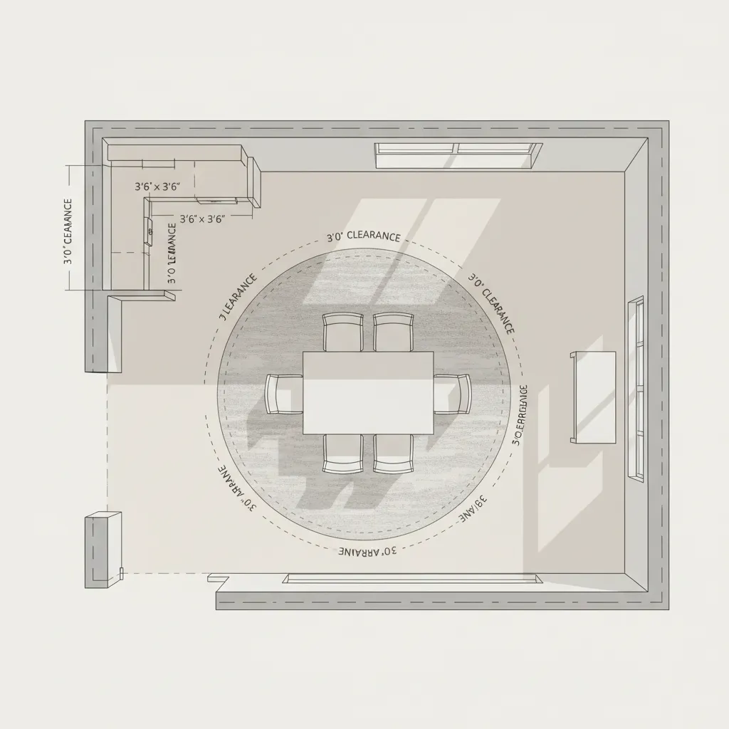 Dining room floor plan showing measurements for corner cabinet placement