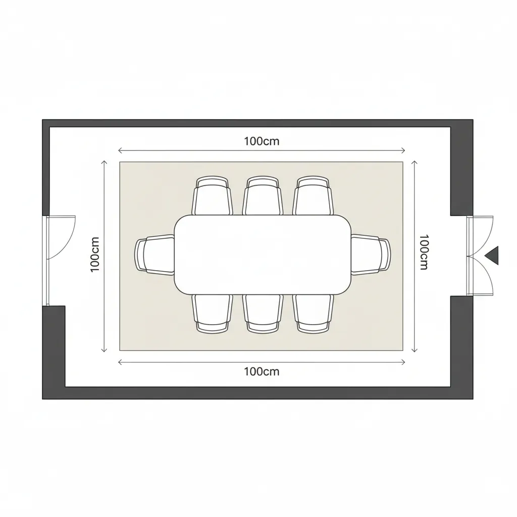 top view diagram showing dining table measurement and clearance space around furniture