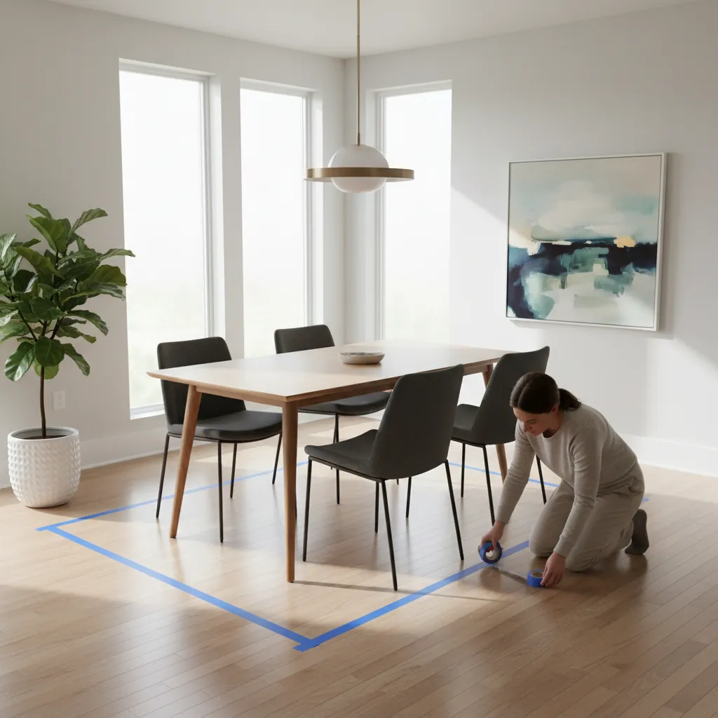 measuring dining room floor space with tape outline for rug size planning