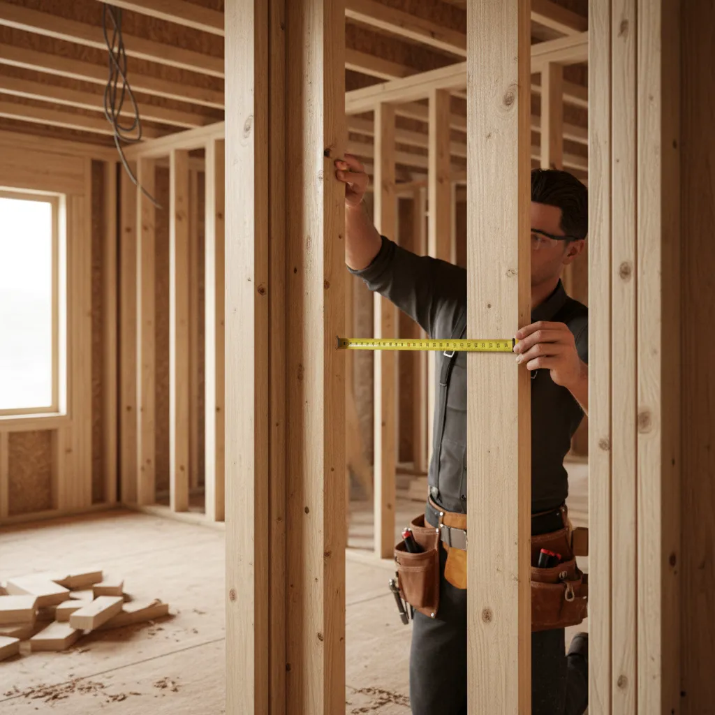 Contractor measuring rough opening width for a 36-inch exterior door