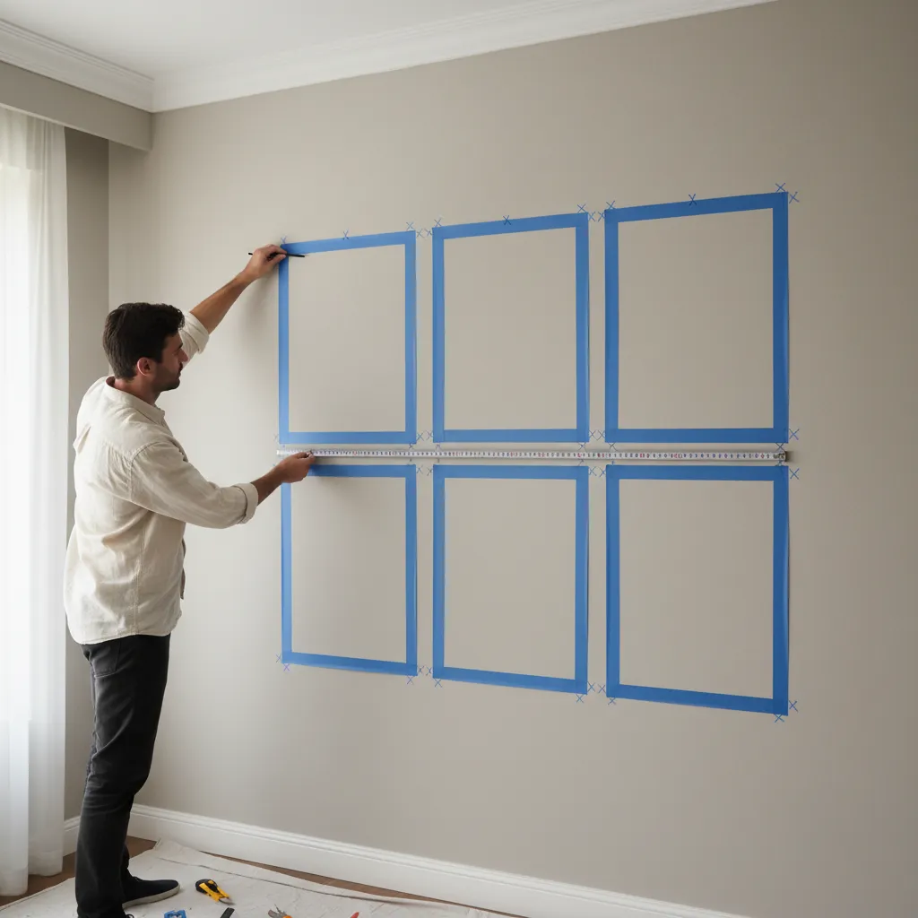 measuring tape marking gallery wall layout before hanging frames