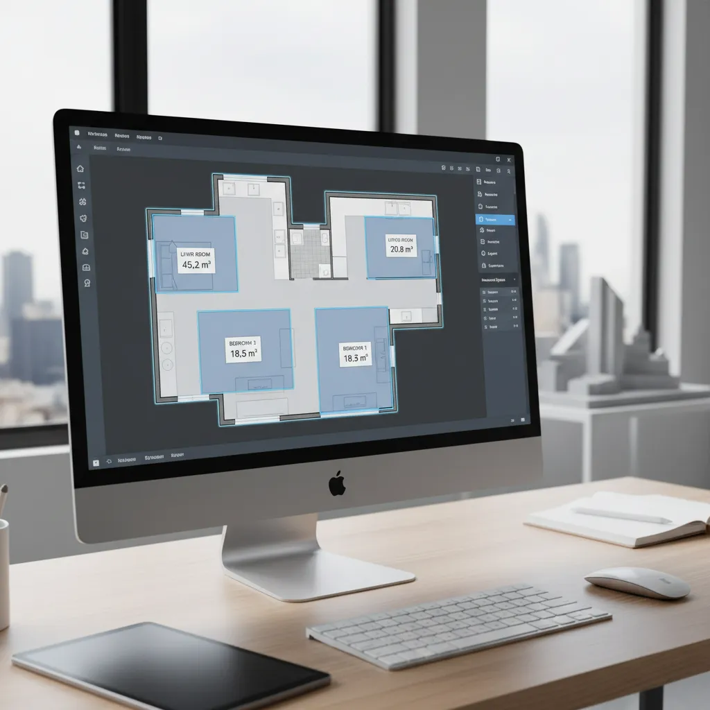Software interface measuring room areas on a digital floor plan