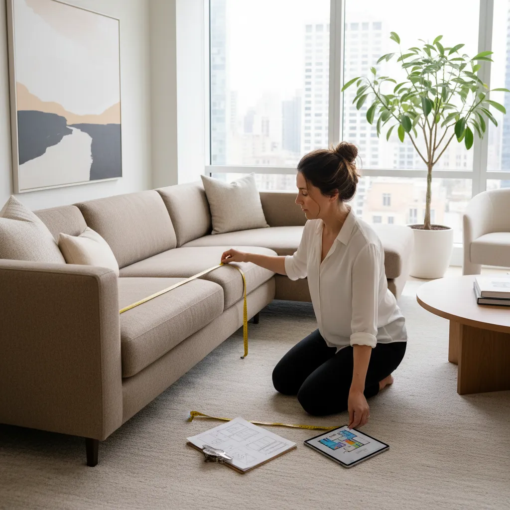 Designer measuring sofa dimensions to recreate accurate furniture size in floor planner