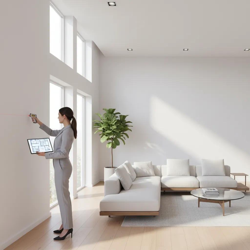 designer measuring interior wall dimensions to recreate floor plan
