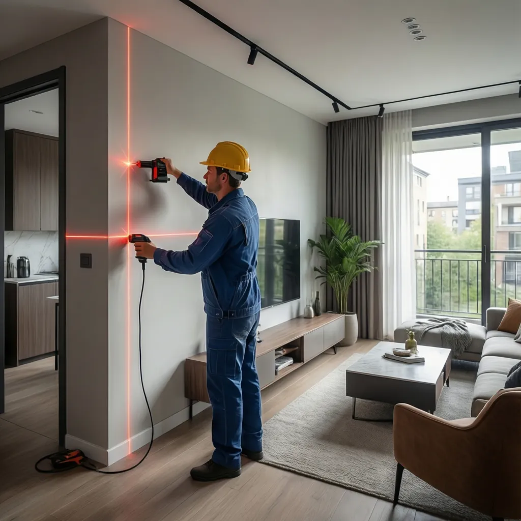 architect measuring room dimensions during building survey