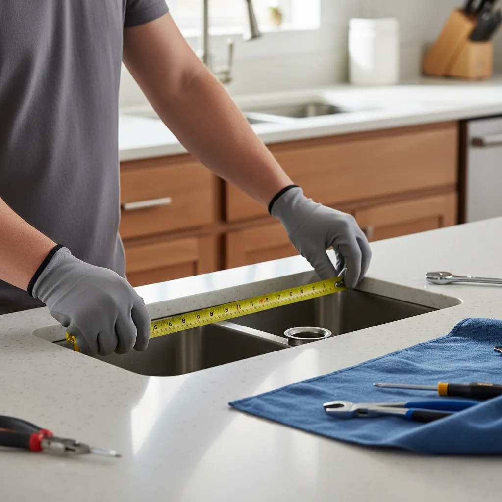 Homeowner measuring faucet hole spacing on a kitchen sink before replacement