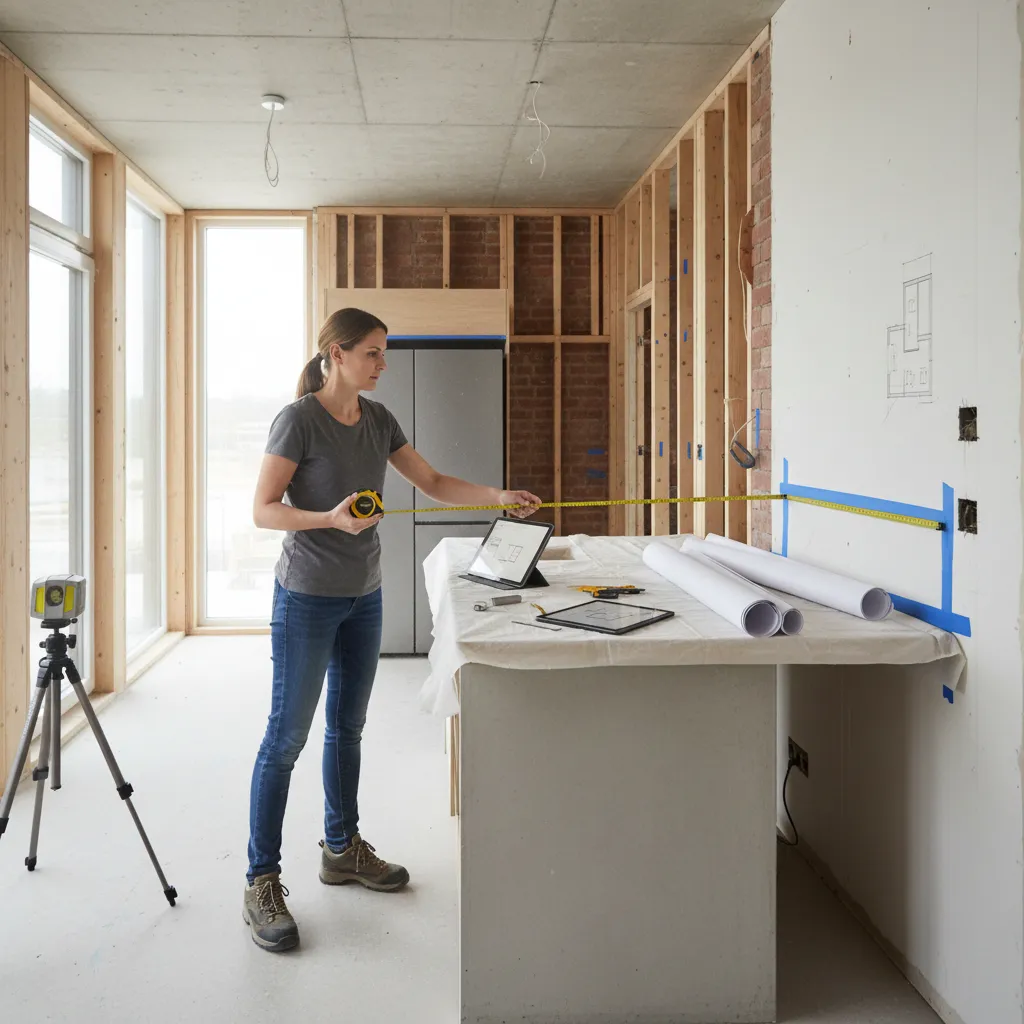 measuring kitchen walls and cabinets before creating a digital floor plan