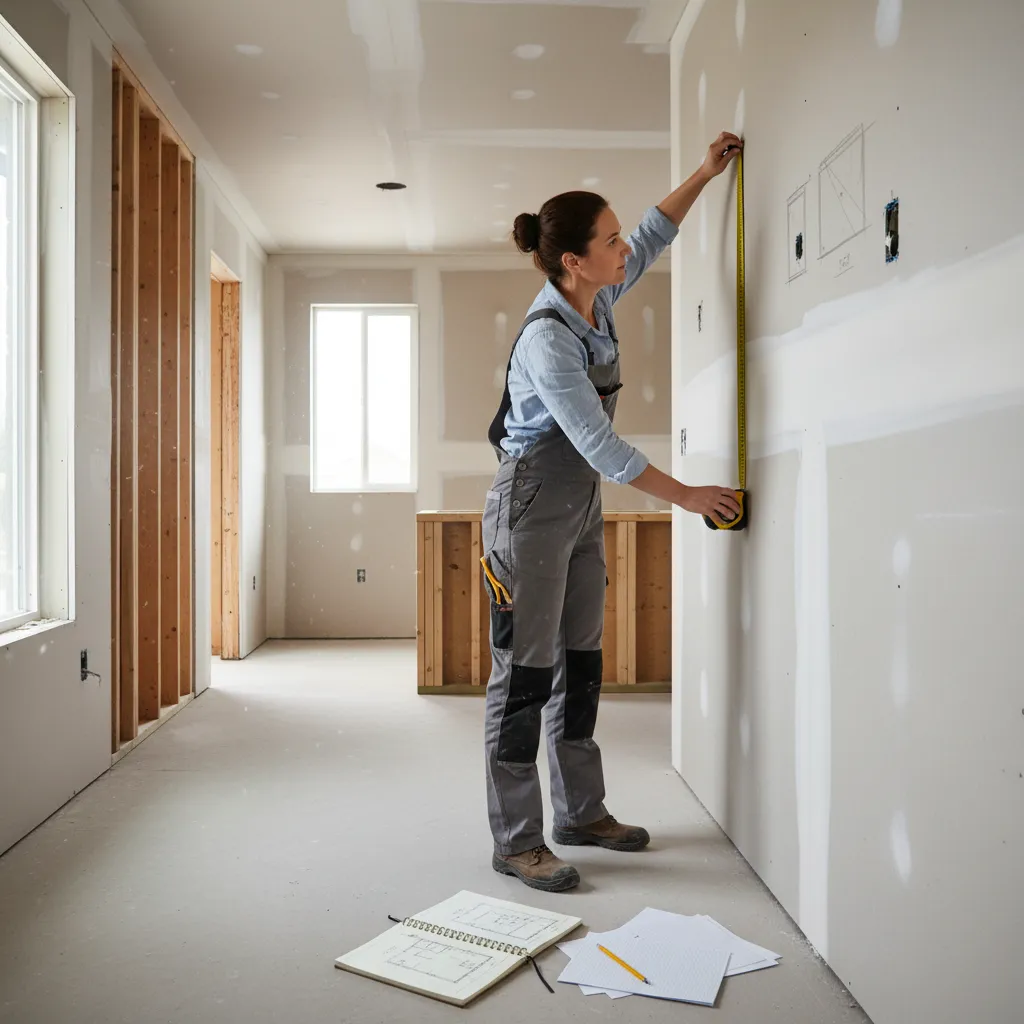 measuring kitchen walls and marking dimensions for layout planning