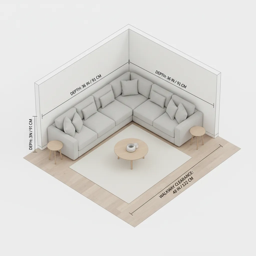 diagram showing how to measure a living room corner for seating furniture