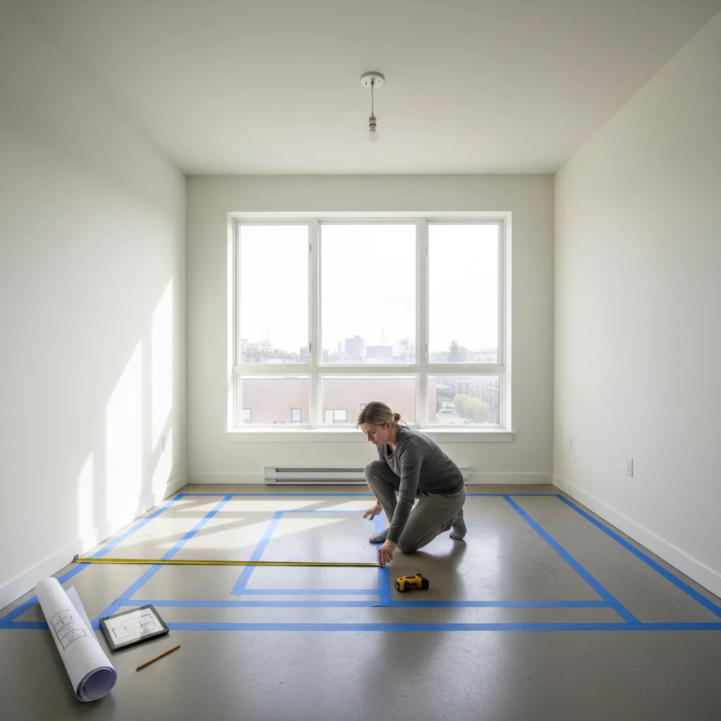 Person measuring living room floor for couch placement