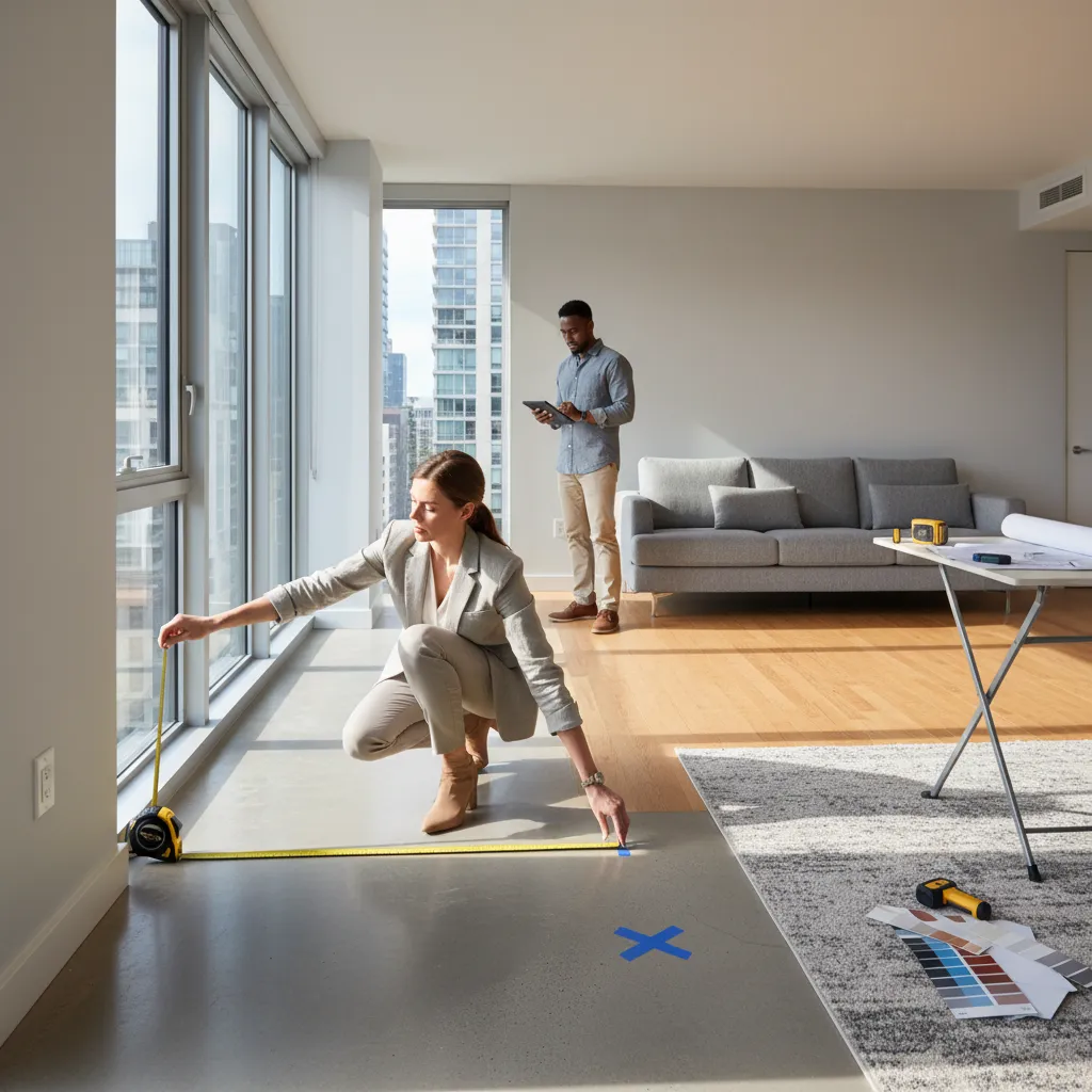 Woman using a tape measure to check floor space while a man uses a tablet