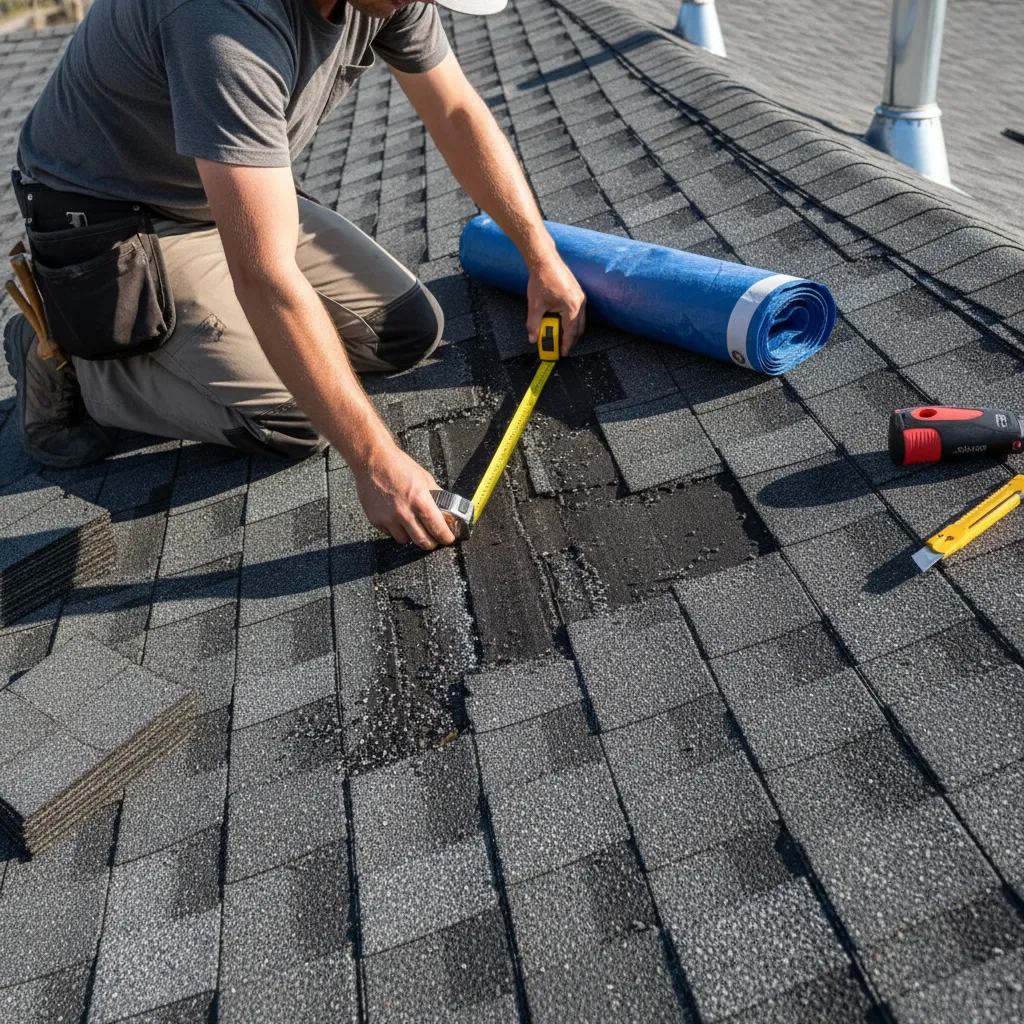 contractor measuring damaged roof area before installing tarp