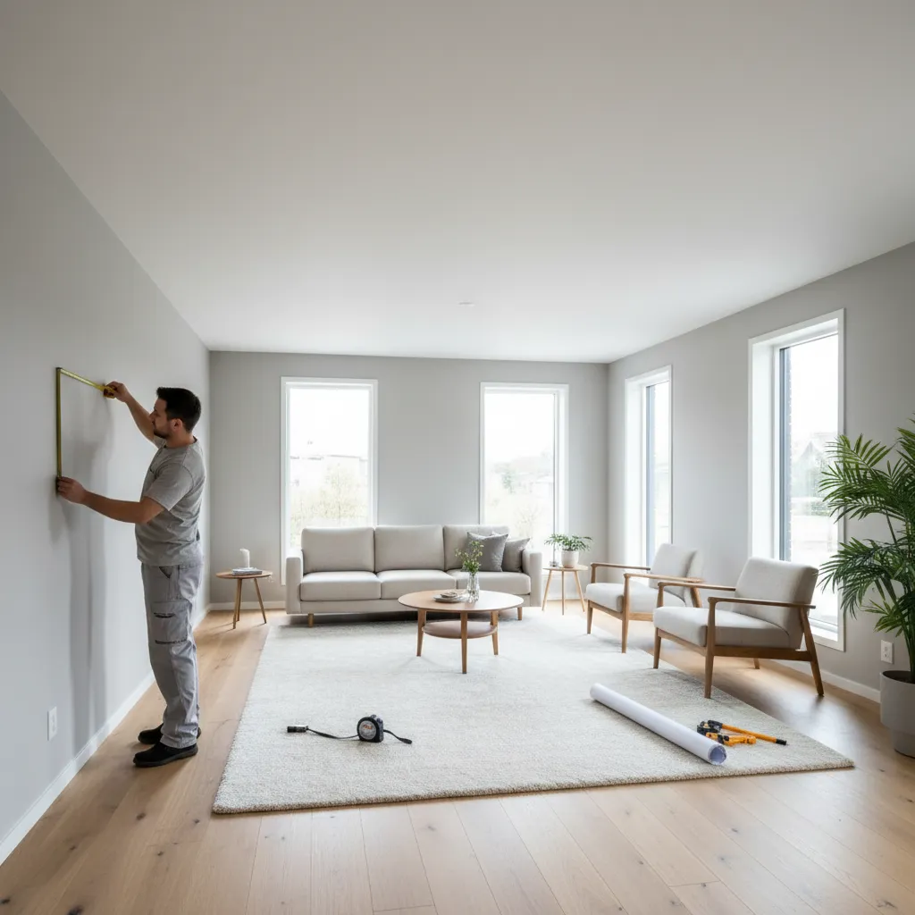 Homeowner measuring wall dimensions before creating a digital floor plan
