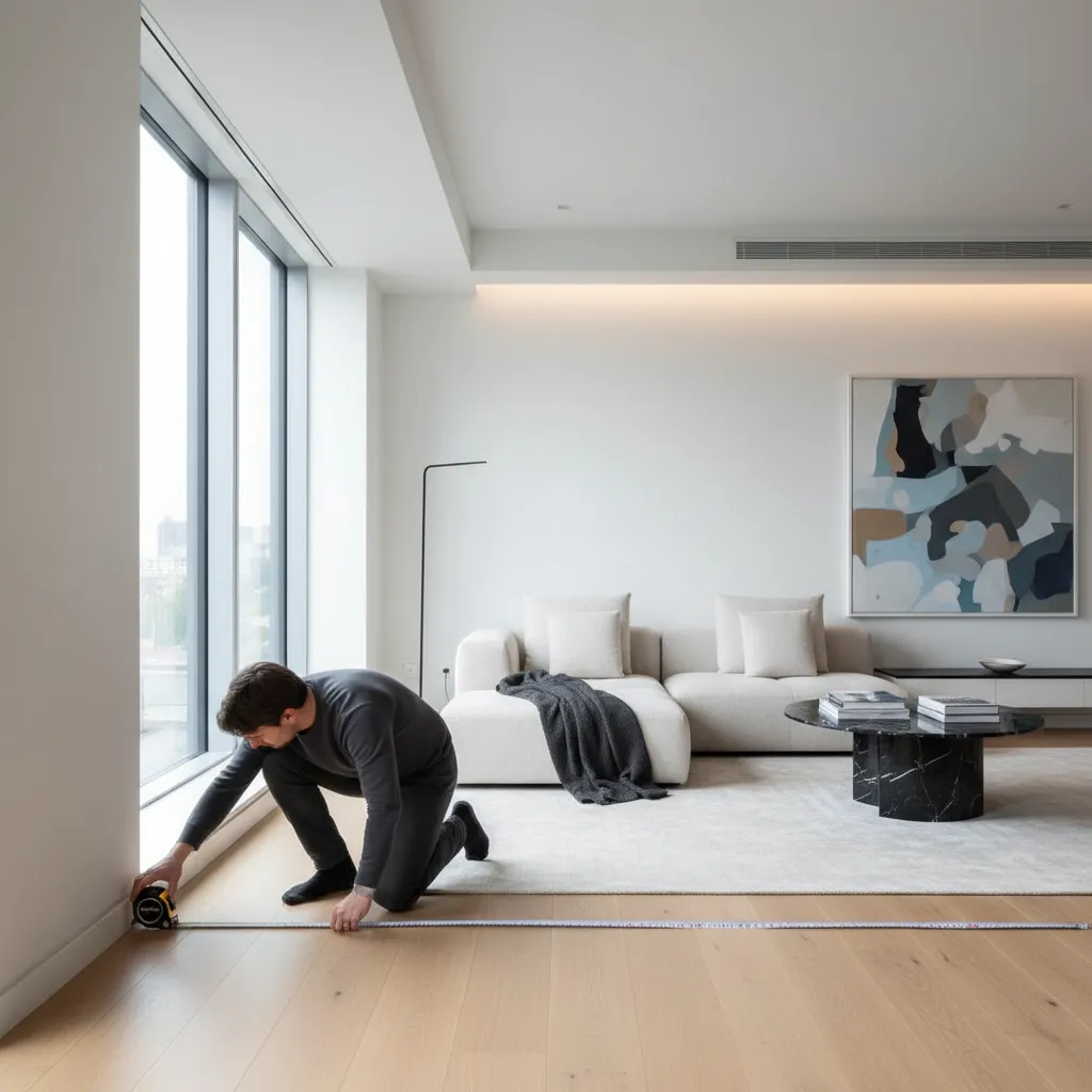 person measuring floor area in square feet inside a living room