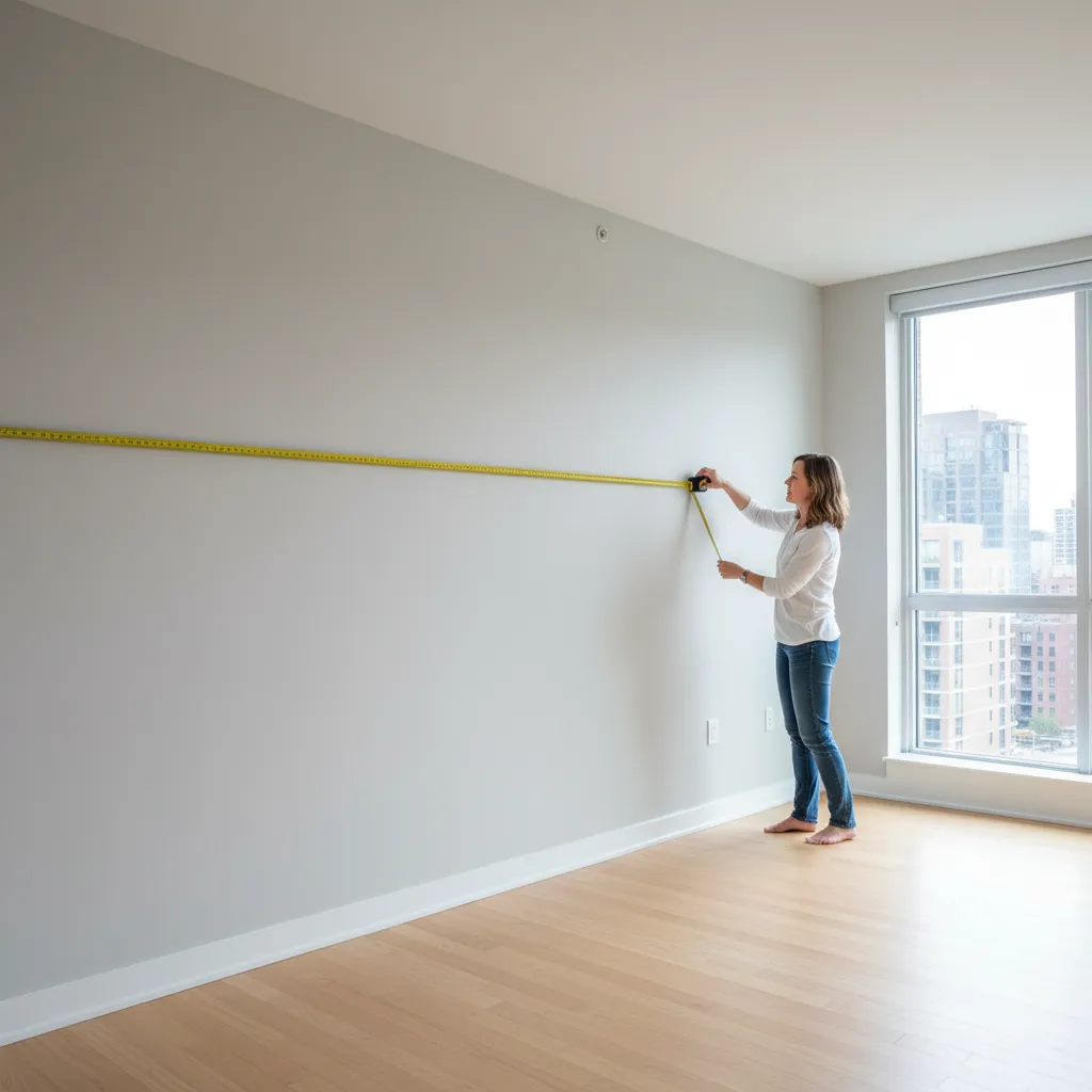Woman measuring a blank white wall with a yellow tape measure in an empty room
