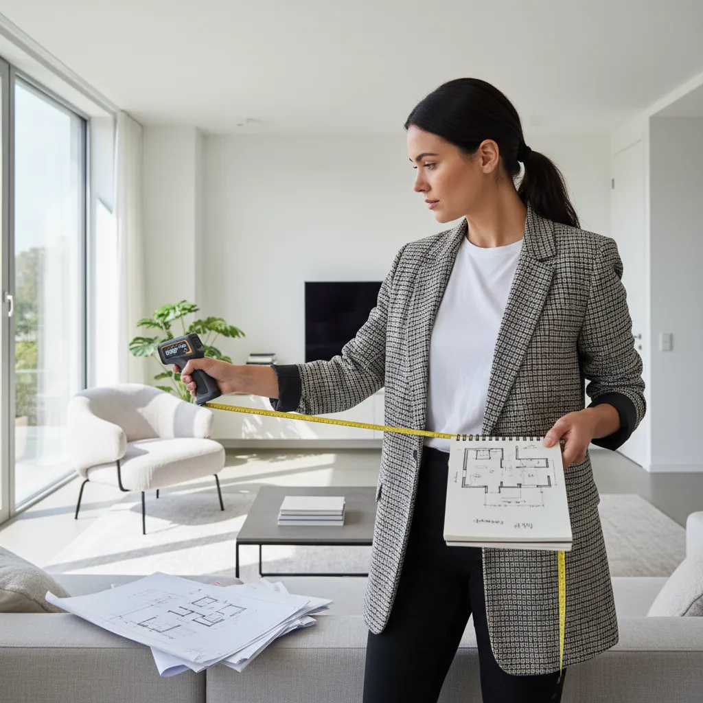 Designer measuring a room to recreate a floor plan