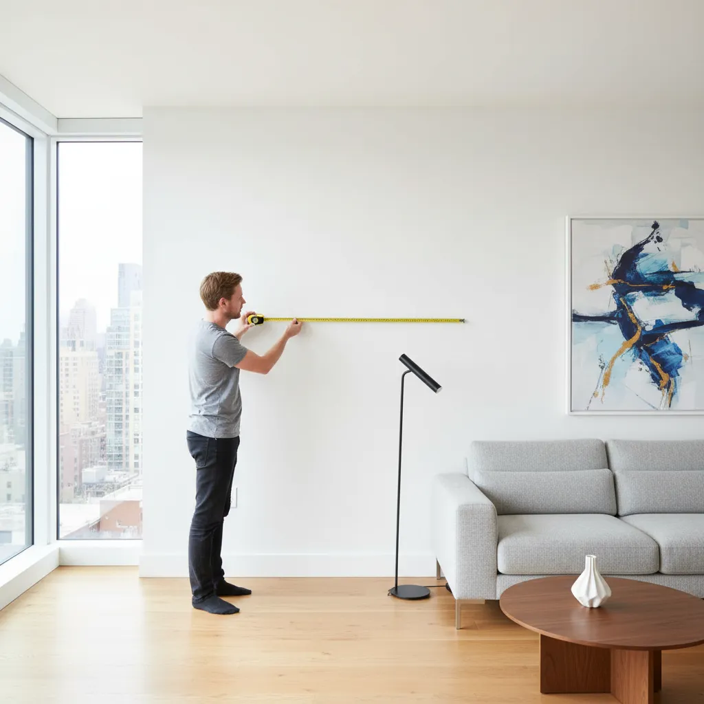 Person measuring a living room wall with tape measure for floor plan creation